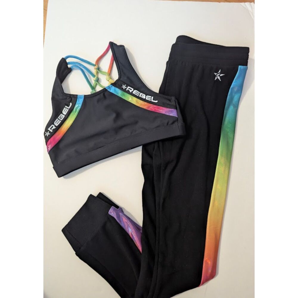 Rebel Athletic Miss America Collab Youth Large Bra and Joggers rainbow cheer dan